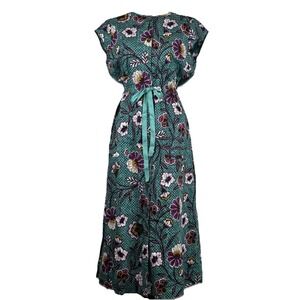 LOFT Women's Floral Utility Midi Shirt Dress Size 4 Tie Waist Pockets Teal Blue‎